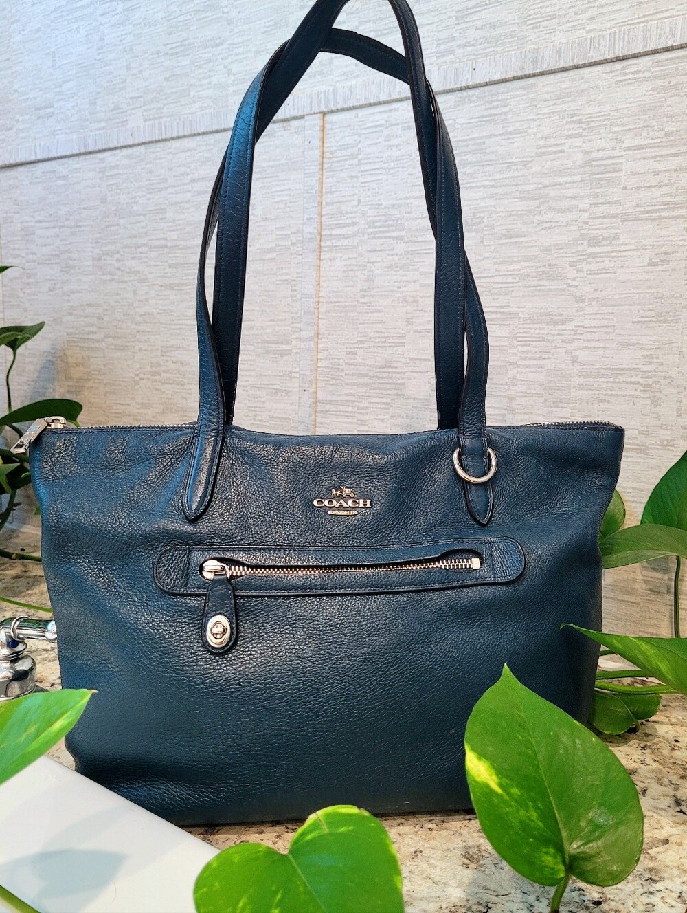 Coach Taylor Navy Blue Pebbled Leather Shoulder Bag Tote